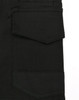Black unisex cotton stretch drill work shorts featuring multiple pockets and a textured section. Includes a logo.