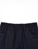 Navy unisex cotton stretch drill work shorts with an elastic waistband and multiple pockets. Features a logo.