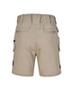 Beige unisex cotton stretch work shorts featuring an elastic waistband and multiple pockets, with a logo present.