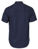 A navy short-sleeve cotton work shirt with a back yoke and one logo.