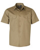 A short-sleeved khaki work shirt featuring two chest pockets and a logo.