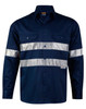 A navy blue long-sleeve work shirt with reflective silver tape and two chest pockets. It features a logo.
