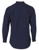 A navy blue long sleeve work shirt with a collar and buttoned cuffs. The back features a simple design and a logo.