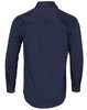 A navy long-sleeve work shirt with a buttoned collar and an adjustable cuff, featuring a logo on the back.