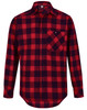 A unisex flannel plaid shirt in red and navy, featuring a button-up design and a single chest pocket.