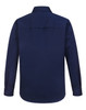 A navy long-sleeve work shirt with a closed front and collar, featuring a logo.