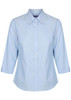 A light blue button-up shirt with long sleeves and a collar. Features a logo on the side.