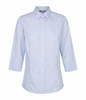 A light blue striped shirt with a collar and three-quarter sleeves, featuring buttons and a branding logo.