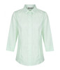 A light green shirt with a collar and three-quarter sleeves, featuring buttons down the front and a logo on the label.