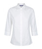 A white shirt with three-quarter sleeves and a button-down collar, featuring a logo on the collar.