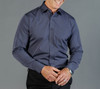 A navy blue button-up shirt with a collar, long sleeves, and a single chest pocket. Features a logo.