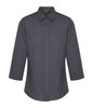 A button-up shirt in dark grey with a pointed collar and long sleeves, featuring a logo on the chest.