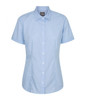 A light blue button-up shirt with short sleeves and a fitted design. The shirt features a collar and white buttons.