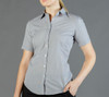 A button-up shirt in grey with a subtle striped pattern, featuring short sleeves and a collar. It has a logo.