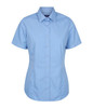 A short-sleeve button-up shirt in light blue with a collar and a front button placket, featuring a logo.