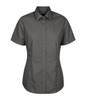 A short-sleeved button-up shirt in a dark grey colour, featuring a tailored fit and a collar. It has a logo.