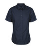 A button-up shirt in dark navy with short sleeves, featuring a collared neckline and front buttons.