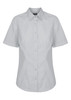 A light grey button-up shirt with short sleeves and a structured collar, featuring a branding logo.