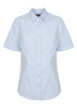 A light blue button-up shirt with short sleeves and a collar, featuring a front button placket and a logo.