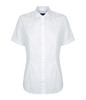 A white button-up shirt with short sleeves, featuring a collar and a fitted shape. It includes a logo.