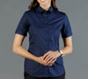 A navy blue button-up shirt with short sleeves and a collar, featuring a branded logo.