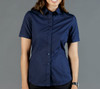 A women's short-sleeve button-up shirt in navy blue, featuring a fitted design and a collar, with a logo.