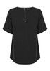 A black short sleeve shirt with a back zipper and a loose fit. It features a simple design and has a logo.