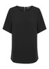 A black short sleeve shirt with a round neckline and a zip closure at the back. Features a branding logo.