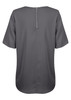 A grey short sleeve shirt with a back zip and a rounded hem, featuring a subtle branding logo.