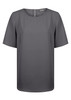 A grey short sleeve shirt with a minimalist design and a rear zipper, featuring a logo.