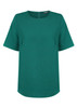 A green short sleeve shirt featuring a round neckline and a subtle back opening, with a logo visible.