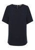 A navy short sleeve shirt with a round neckline and a small back zip. It has a simple design and a branded tag.