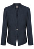 A dark navy blazer with a tailored fit, featuring a single button closure and an open collar.
