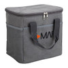 A grey nylon cooler bag with two handles and a mesh side pocket, featuring a logo on the front.