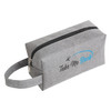 A grey cosmetic bag with a zip closure and a handle, featuring a logo on the front.