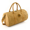 A tan Kraft paper duffle bag with dual handles and a shoulder strap, featuring a circular logo.