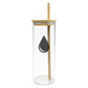 A drink bottle featuring a clear glass body, bamboo lid, and straw, with a decorative drop-shaped design.
