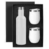 A drink bottle and two matching white drink tumblers in a black gift box, featuring a sleek design and metallic accents.