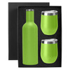 A drink bottle and two tumblers in bright green, presented in a black gift box. The bottle has a sleek design and a metal lid.