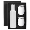 A drink bottle and two matching white drink tumblers in a black gift box, featuring metallic accents.