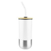 A drink bottle featuring a white body with a stainless steel bottom, a gold rim, and a straw. It has a logo.