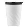 A white twist mug with a black lid features a textured design and has a simple logo.