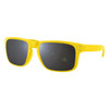 Yellow sunglasses with dark lenses, featuring a square frame design and a logo on the arm.