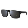 A pair of black sunglasses with dark lenses and a sturdy frame, featuring a logo on the side.