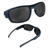Moana sunglasses in navy blue featuring dark lenses and a textured arm design. Includes a logo on the side.