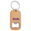 A drink bottle opener key ring made of bamboo, featuring a silver metal opener and a circular key ring.