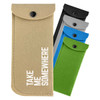 A collection of felt pouches in beige, black, grey, blue, and green, featuring a snap closure and a logo.