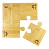 A bamboo coaster set featuring four puzzle-shaped pieces, coloured in natural bamboo tones, with a logo design.