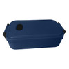 A navy blue lunch box with a lid and side handles. It features a logo on the exterior.