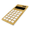 A bamboo calculator features a wooden design with white buttons and a solar panel, ideal for office use.